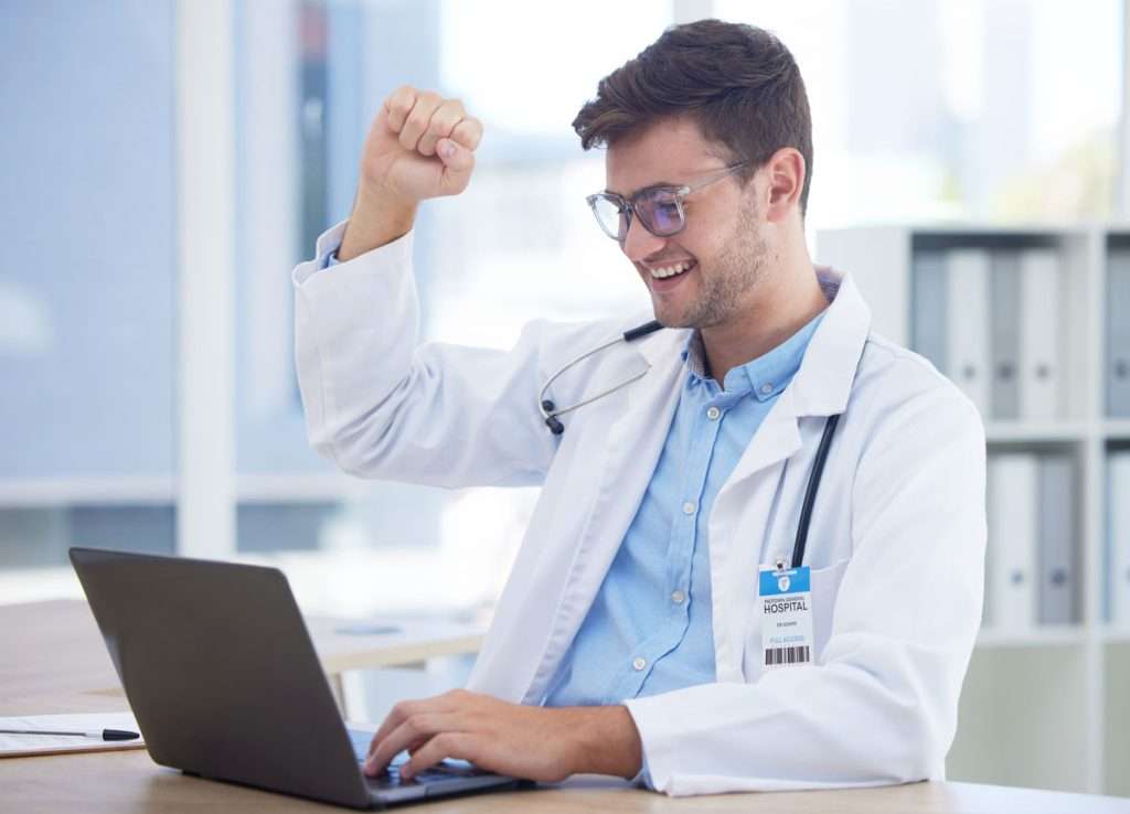 Health Doctor Yes With Success Winner Medical Achievement Man Celebrate Good Test Results Laptop Health Care Professional Happy Winning With Victory Medicine Technology