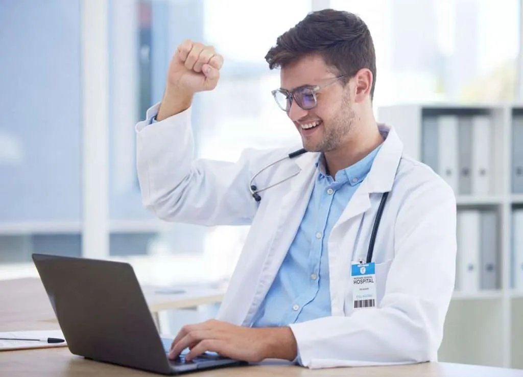 Health Doctor Yes With Success Winner Medical Achievement Man Celebrate Good Test Results Laptop Health Care Professional Happy Winning With Victory Medicine Technology